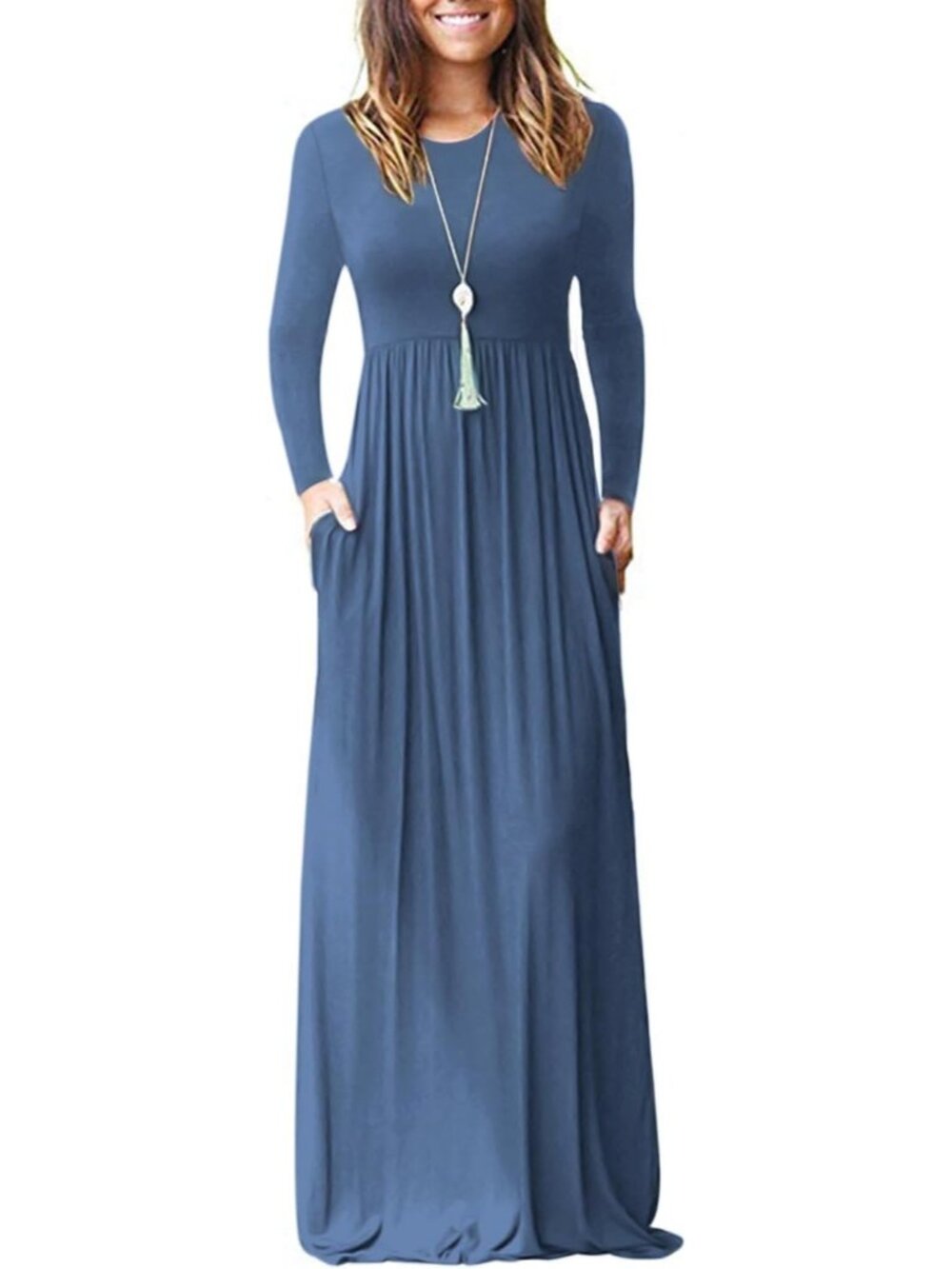 Women's Beja Blue Crew Neck Long Sleeve Pull On Casual Soft Pockets Maxi Dresses